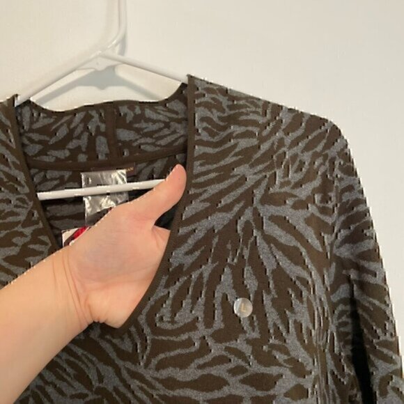 NEW NWT DANA BUCHMAN Dark Brown Gray Zebra Animal Collared V-Neck Cotton Sweater - Picture 6 of 12